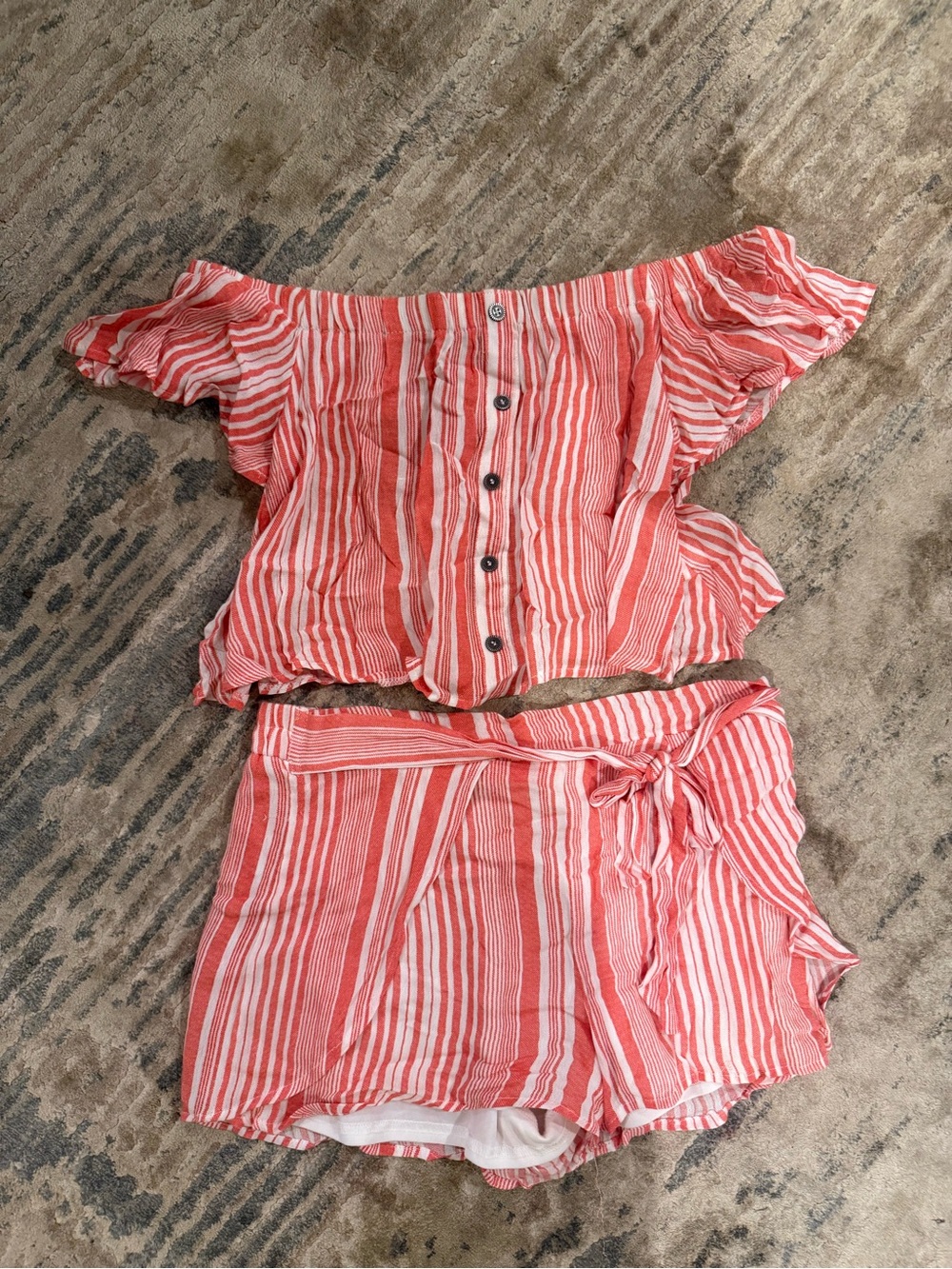FAVLUX Striped Off-Shoulder Two-Piece Shorts Set in Coral and White